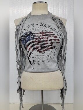 Harley-Davidson Fringe Halter Top with Distressed American Flag Upcycled